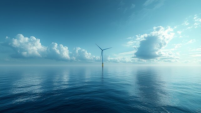 Offshore wind turbine in calm sea under a partly cloudy sky.