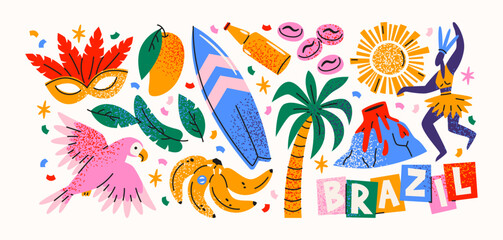 Obraz premium Brazil tropical culture stickers with summer travel and exotic lifestyle elements including palm trees, toucan, maracas and fruits, latin music vibes and beach holiday symbols for brazilian carnival 