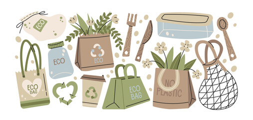 Fototapeta premium Eco packaging stickers with reusable bags paper containers and recycling symbols, sustainable shopping items with zero waste packaging and plastic free materials in daily eco lifestyle use