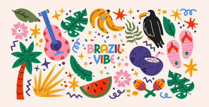 Brazil tropical culture stickers with summer travel and exotic lifestyle elements including palm trees, toucan, maracas and fruits, latin music vibes and beach holiday symbols for brazilian carnival 
