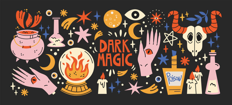 Dark magic occult symbols stickers with mystical witchcraft elements including potion bottles, skull, candles and magic hands, esoteric ritual objects and spell casting symbols for astrology alchemy
