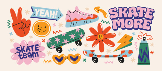 Plakat Skate street culture stickers with skateboard and urban youth elements in retro cartoon style. icons: skateboard, cap, music player, street symbols, youth lifestyle, urban graffiti culture