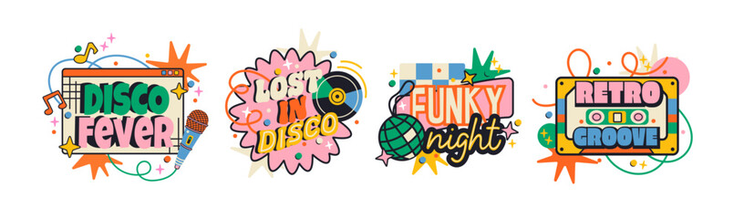 Obraz premium 90s disco music posters in retro cartoon style. Typography cards with characters, vinyl records and playful shapes, bright nostalgic party mood, expressive lettering and graphic compositions 