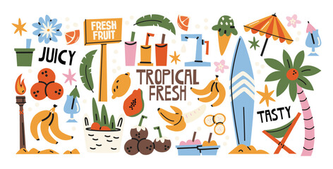 Obraz premium Tropical summer vacation stickers with beach lifestyle and fresh fruit elements including palm tree, surfboard, coconuts and juice drinks, exotic island travel vibes and leisure relaxation symbols 