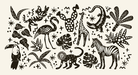 Obraz premium Safari animals silhouettes set with zebra giraffe lion in retro cartoon style. shapes: tropical leaves, flamingo, crocodile, toucan with bold patterns and graphic forms. jungle wildlife collection