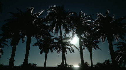 Fototapeta premium A silhouette of palm trees against a bright sun in sky. Captures the beauty of a tropical landscape