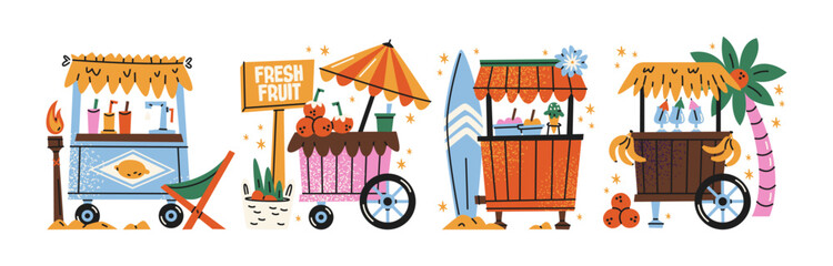 Obraz premium Street food carts in retro cartoon style. mobile kiosks: fruit stand, drink stall, juice bar, tropical market carts with umbrella, surfboard, palm tree, beach street food vendors and summer market 