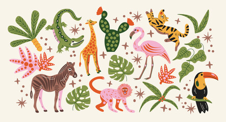 Obraz premium Jungle animal stickers with tropical leaves and cactus, playful wildlife set in colorful decorative composition with safari theme and exotic nature elements, cute cartoon style for kids 