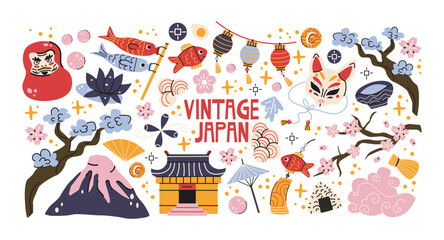 Japanese culture stickers in retro cartoon style. Asian symbols: fan, crane, bonsai, teapot, mask, umbrella, bamboo, mountains. Traditional oriental objects collection with sakura flowers  © Limpreom