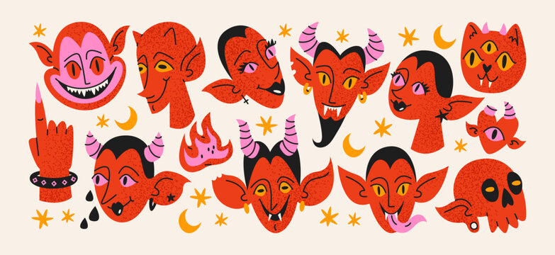 Devil demon characters stickers with evil fantasy faces and halloween horror expressions, horns fangs and spooky creature emotions, dark occult symbols and scary cartoon monsters for halloween mood