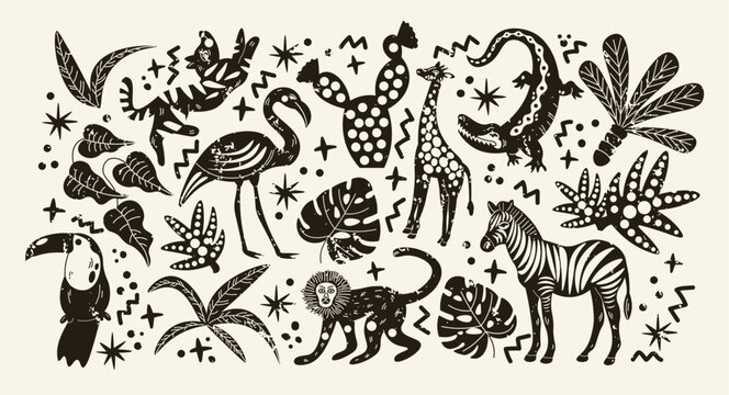 Safari animals silhouettes set with zebra giraffe lion in retro cartoon style. shapes: tropical leaves, flamingo, crocodile, toucan with bold patterns and graphic forms. jungle wildlife collection