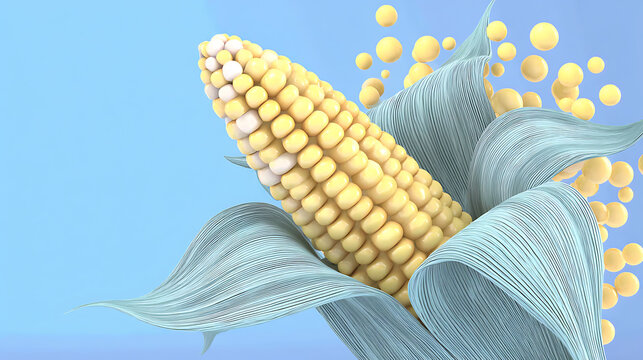 A vibrant corn with surrounding leaves and floating seed on a blue background. The focus is on the intricate details and colors of the corn