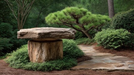 Serene Garden Landscape Featuring a Natural Stone Table Surrounded by Green Foliage and Pathway in a Tranquil Outdoor Setting