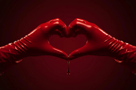 Glossy shiny red kinky latex pvc , full length long gloves, woman's hands forming a heart shape on a dark background, luxury high end, elegant, erotic romance, and fetish, bondage, bdsm, kink theme
