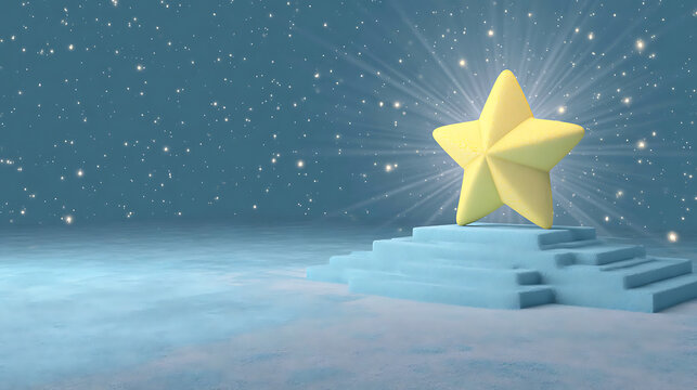 A single, radiant star positioned atop a series of stairs, against a backdrop of twinkling stars