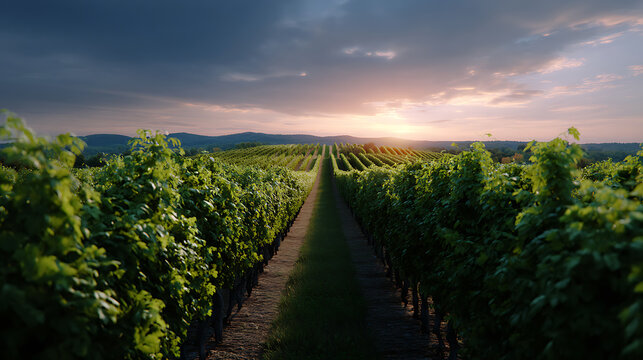 Vast Vineyard at Sunset, Capturing the Tranquility and Grandeur of the Landscape