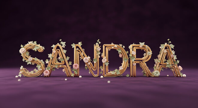 Elegant golden 3D typography of the name Sandra decorated with small roses and ivy leaves