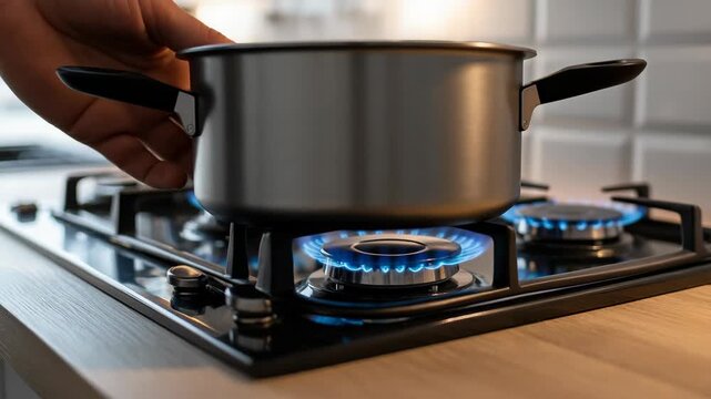 Cooking on Gas Stove with Pot.
