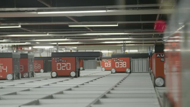 Wide shot capturing numerous Autostore robots navigating the warehouse grid simultaneously.