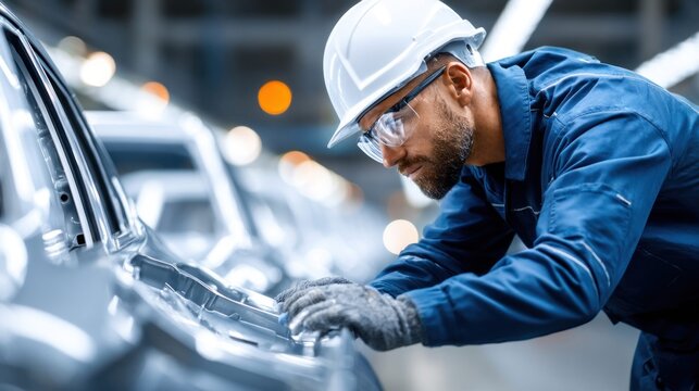 Automotive factory worker in safety gear meticulously inspecting car body parts on assembly line