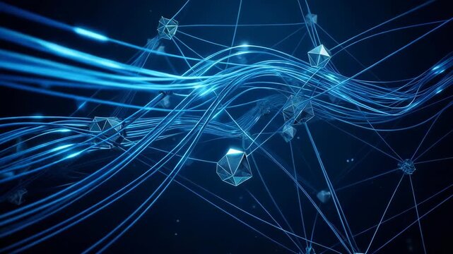 青く輝く光のラインと多面体が交差するネットワーク空間