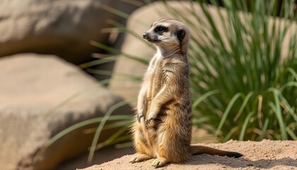 Alert Meerkat Standing on Rocky Ground in Natural Habitat