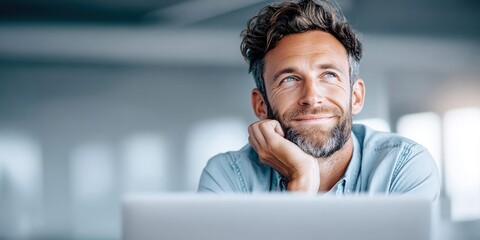 Naklejka premium Thoughtful businessman with beard looking up and smiling while resting his chin on his hand
