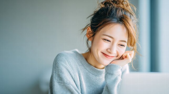 A beautiful young asian woman smiles with a thoughtful look on her face in natural light.