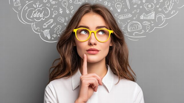 Beautiful woman wearing glasses contemplates ideas in a thought bubble.
