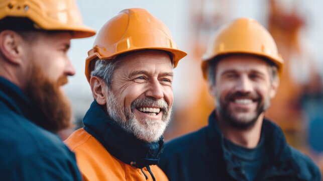 Happy construction workers smiling while working together at a construction site.