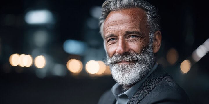 Mature man with distinguished grey beard and mustache smiling confidently at the camera