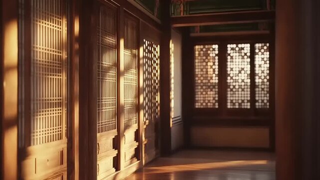 Traditional Korean Architecture Interior Hallway with Sunlight Through Lattice Windows.