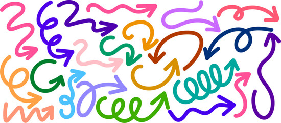 Obraz premium Colorful hand drawn arrows set, doodle arrow collection in various shapes and directions