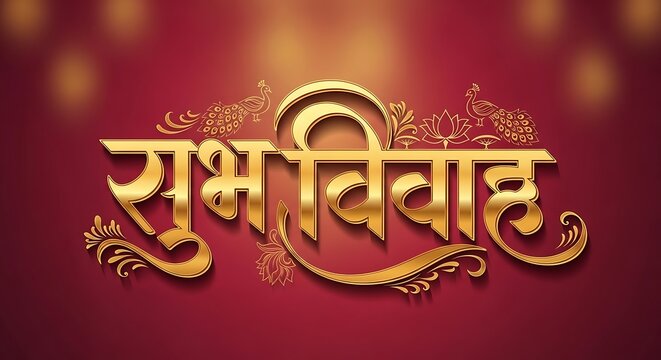 A golden ornate text on a red background