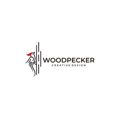 woodpecker logo, logo of a bird with a red crest pecking at a tree
