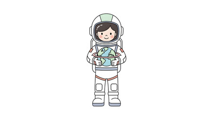 Fototapeta premium Cartoon astronaut in a white spacesuit holding the Earth, symbolizing space exploration and global environmental care.