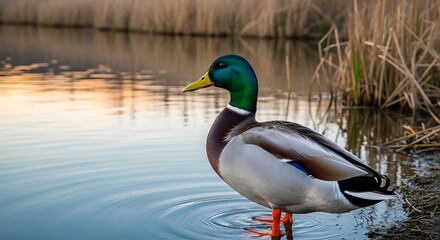 Obraz premium A male duck stands in shallow water near reeds