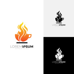 Hot coffee logo with fire design illustration, mug and flame logos