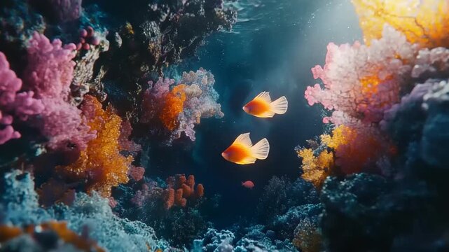 Vibrant Coral Reef Ecosystem With Small Fish Swimming.