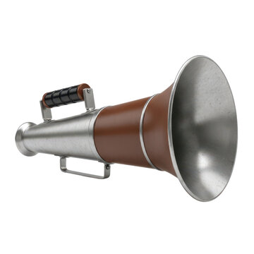 A vintage megaphone with a brown and silver design sitting on a white background isolated on white background