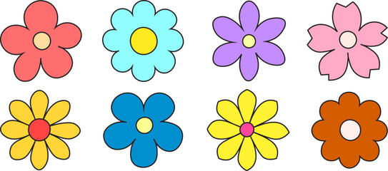Cute colorful flower collection vector, simple flat cartoon floral icon set