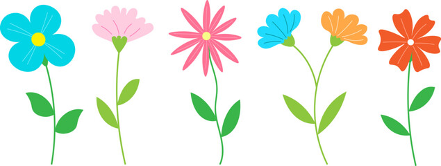 Cute colorful flower vector set, simple flat floral illustrations with leaves and stems
