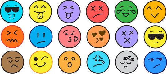 Cute emoji face icon set vector collection, colorful round emoticons with different expressions, happy sad angry love sleepy wink faces