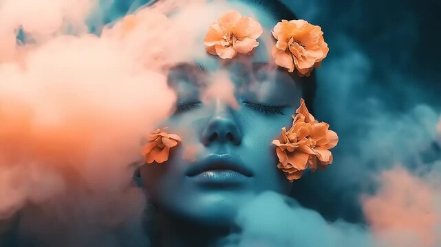Woman with Flowers on Face in Clouds.