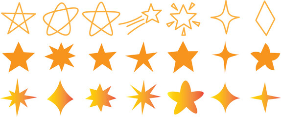Golden star shapes flat design vector illustration set, sparkle and burst icon collection