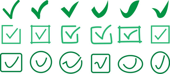 Green check mark vector icon set collection, approval tick symbols in circle square rounded frames for UI design