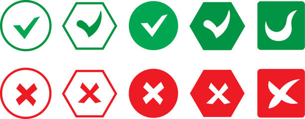 Green check mark and red cross vector icon set collection, approval and cancel symbols in circle hexagon square shapes