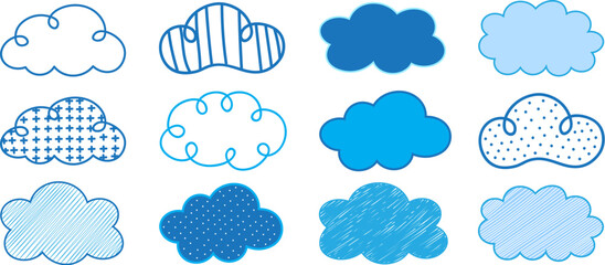Hand drawn blue cloud collection vector set with different patterns, outline and filled doodle style clouds, striped, dotted and textured designs isolated