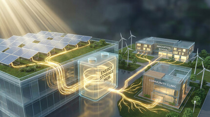 off grid microgrid solution concept. Futuristic energy storage hub powered by solar panels and wind turbines.