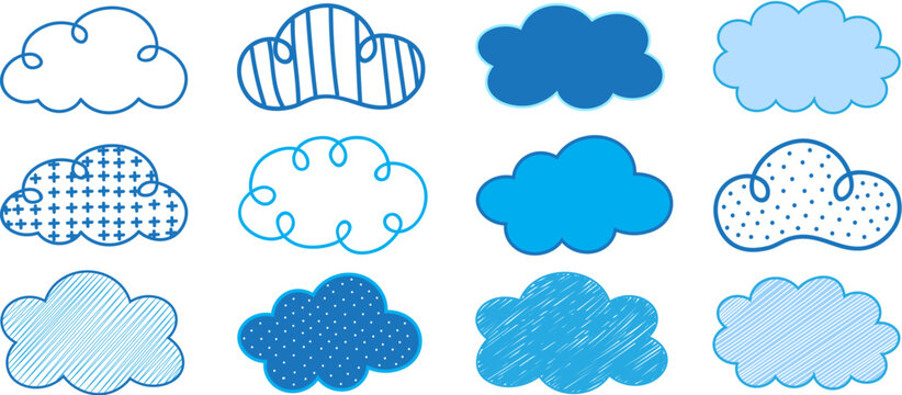 Hand drawn blue cloud collection vector set with different patterns, outline and filled doodle style clouds, striped, dotted and textured designs isolated
